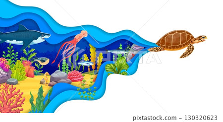 Underwater landscape paper cut banner with funny sea animals and seaweeds. Cartoon vector ocean, marine life is framed by a wavy blue 3d papercut border with sea turtle, shark, squid, fish and corals Underwater landscape paper cut banner with funny sea animals and seaweeds. Cartoon vector ocean, marine life is framed by a wavy blue 3d papercut border with sea turtle, shark, squid, fish and corals 130320623