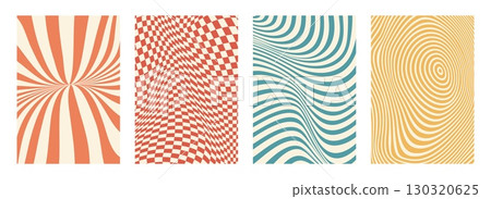 Psychedelic retro groovy pattern, swirl backgrounds vector set. Vintage abstract posters with optical illusion effect, featuring wavy, checkered and hypnotic distortion in orange, yellow, blue and red Psychedelic retro groovy pattern, swirl backgrounds vector set. Vintage abstract posters with optical illusion effect, featuring wavy, checkered and hypnotic distortion in orange, yellow, blue and red 130320625