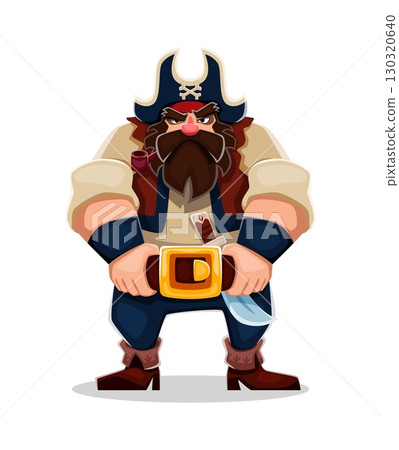 Cartoon pirate and corsair captain character. Isolated vector serious sea rover personage with bushy beard, stands confidently in vintage clothes with blue pants, brown vest gold buckle and cocked hat Cartoon pirate and corsair captain character. Isolated vector serious sea rover personage with bushy beard, stands confidently in vintage clothes with blue pants, brown vest gold buckle and cocked hat 130320640