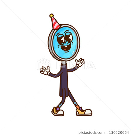 Cartoon groovy magnifying glass school stationery character. Isolated vector whimsical, educational, fun learning magnifier or loupe personage with happy face, wearing party hat and retro sneakers 130320664