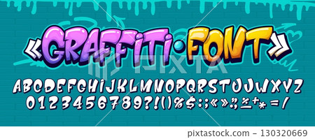 Street art graffiti font, urban typeface letters on wall. Cartoon vector retro comic bold type, fun alphabet typography, colorful abc numbers and signs, uppercase characters with dripping paint effect 130320669