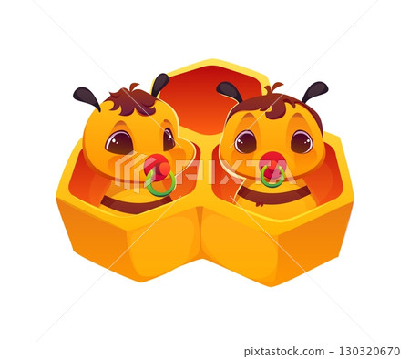 Cartoon honey bee baby characters with pacifiers sitting in honeycomb cells. Vector cute newborn bees apiary insect with big eyes, small antennae and brown hair, personages for beekeeping or childhood 130320670