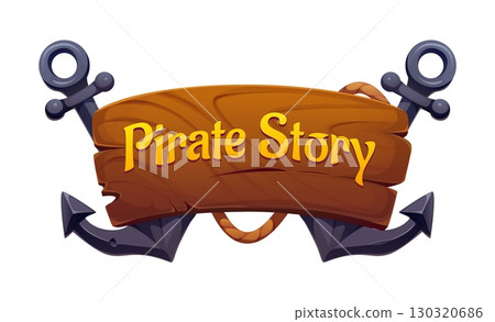 Cartoon Caribbean pirates game icon or corsairs heraldry banner, vector ship anchors. Caribbean pirates story and game badge with sailboat wooden plank, mooring rope and anchors for corsair adventure 130320686