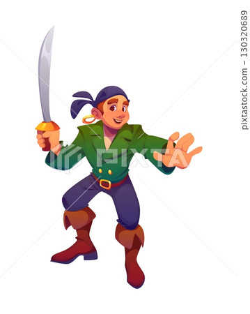 Cartoon medieval pirate and corsair boy character in dynamic pose wielding a curved sword and smiling confidently. Vector rover adventurer personage dressed in green coat and bandana hunting treasure 130320689