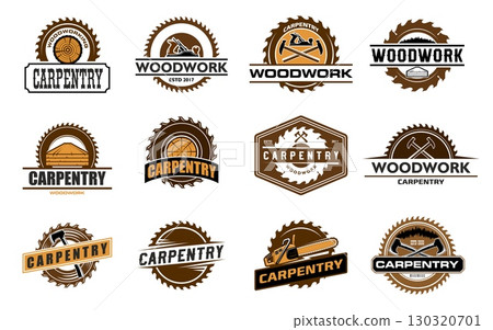 Carpentry woodwork icons with wood and carpentry work tools, vector construction and timber industry. Saw blade brown badges with handyman hammers, tree boards and planes, axes and jack planes 130320701