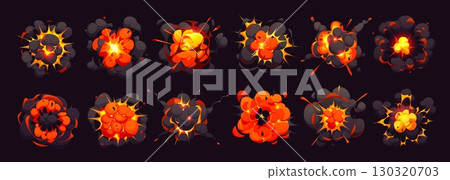 Comic bomb explosion blast effect with cartoon fire and smoke boom clouds, vector set. TNT bomb explodes with smoke cloud mushroom of atomic bomb blast with puffs for cartoon dynamite explosion effect 130320703