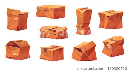 Damaged, crumpled and broken delivery cardboard box package, crushed and ripped cargo parcel. Vector set of crashed freight, spoiled parcels showing logistics challenges and postal shipping issues 130320710