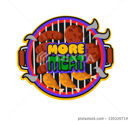Barbeque meal, butchery store retro Y2K sticker or print. Steak BBQ 60s Y2K vector sticker, meat farm shop retro tag. Barbeque party label with chicken drumsticks, sausages and ground beef on grill 130320714