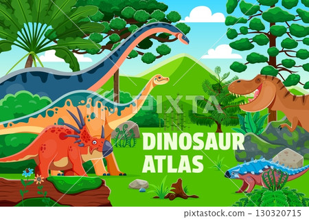Prehistoric dinosaurs atlas book cover vector template with cartoon dino animals. Funny jurassic tyrannosaurus, styracosaurus and shunosaurus dinosaur characters at prehistoric jungle forest landscape 130320715