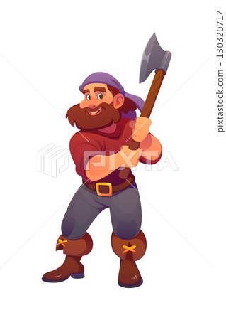 Cartoon pirate lumberjack ship crew character holding a large axe. Vector sea corsair personage dressed in traditional bandana, strikes a strong and bold pose with an ax, ready for nautical adventure 130320717