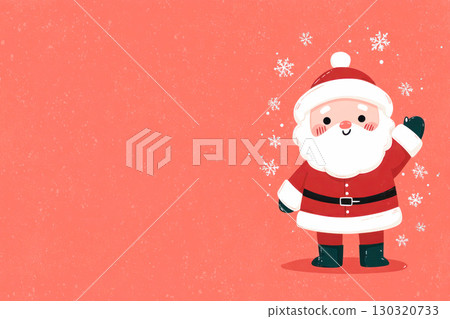 Cheerful Santa Claus illustration waving with snowflakes on a festive pink background, perfect for holiday-themed designs and Christmas celebrations 130320733