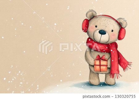 Cute bear wearing red headphones and scarf, holding a gift box, surrounded by falling snowflakes in a festive Christmas illustration Cute bear wearing red headphones and scarf, holding a gift box, surrounded by falling snowflakes in a festive Christmas illustration 130320755