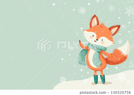 Cute fox character wearing a scarf and boots, joyfully standing in a snowy landscape with falling snowflakes, perfect for Christmas-themed designs 130320756