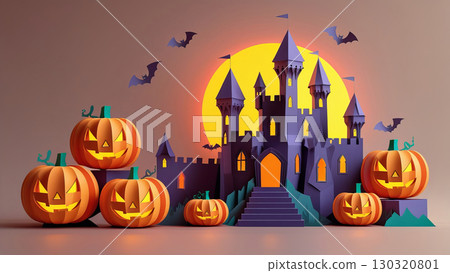 A Origami style Halloween scene featuring a vibrant purple castle with pointed towers, set against a glowing yellow full moon 130320801