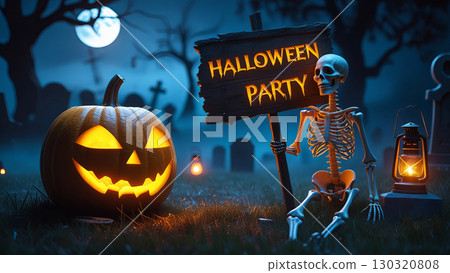 A vibrant Halloween scene featuring a cheerful skeleton sitting next to a glowing carved pumpkin and holds a wooden sign proclaiming 'HALLOWEEN PARTY. A vibrant Halloween scene featuring a cheerful skeleton sitting next to a glowing carved pumpkin and holds a wooden sign proclaiming 'HALLOWEEN PARTY. 130320808