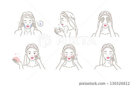 Beauty girl take care of her face and use cleansing skin products. Woman making skincare procedures. Facial cleaning concept Beauty girl take care of her face and use cleansing skin products. Woman making skincare procedures. Facial cleaning concept 130320812