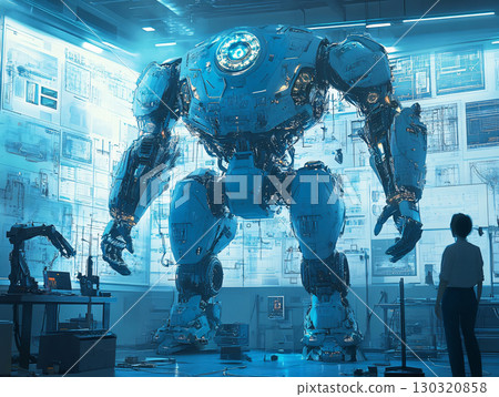 Digital illustration of futuristic high-tech lab with a giant robot. AI Generated. Digital illustration of futuristic high-tech lab with a giant robot. AI Generated. 130320858