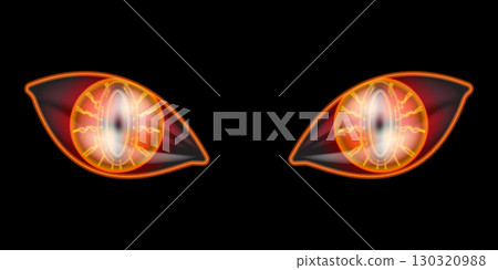 Vector red animal cat eyes isolated on dark black night background. Danger Monster open eyes with neon red eyeball. Halloween cat eyes design template banner and poster 130320988