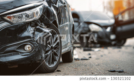 Damaged black car with crumpled front side and broken headlight after accident on street with debris and another damaged vehicle 130321102