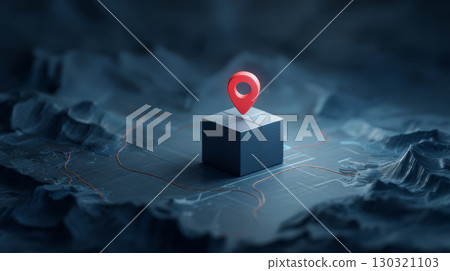3D map with red location pin on dark terrain showing navigation and geolocation concept 130321103