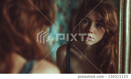 Young woman looking mirror with thoughtful expression, natural light highlighting her red hair and freckles, indoor portrait with soft focus 130321133
