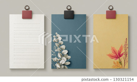 Note card set with floral design and clips, textured paper in white, blue, and yellow, elegant stationery for writing and decoration 130321154