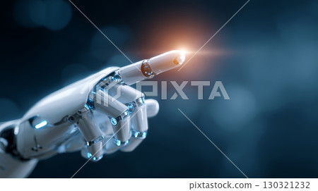 Robot finger pointing with glowing tip in futuristic technology concept with blue background and bokeh light effect Robot finger pointing with glowing tip in futuristic technology concept with blue background and bokeh light effect 130321232