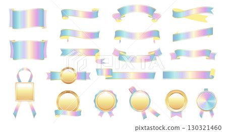 Holographic ribbon and medal set, pastel gradient decorative material Holographic ribbon and medal set, pastel gradient decorative material 130321460