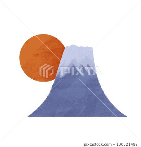 Hand-drawn color illustration of Mount Fuji and the sun 130321482