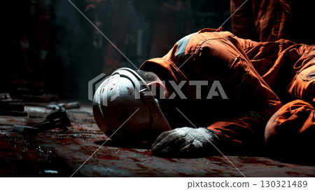 Injured worker lying on floor with blood stains, wearing safety helmet and orange protective clothing in dark industrial setting 130321489