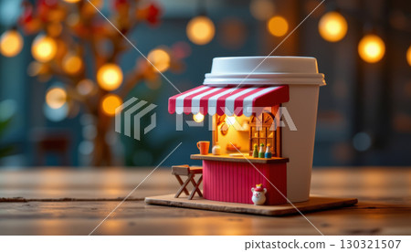 Miniature coffee shop with striped awning attached to paper coffee cup on wooden table with warm bokeh lights in background 130321507