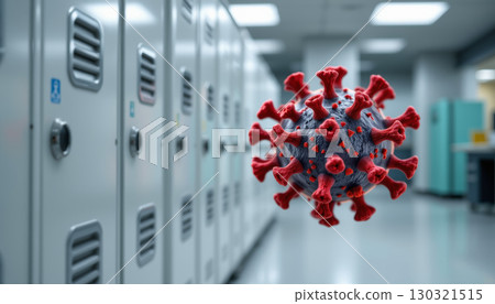 Coronavirus particle closeup with red spike protein floating in hospital corridor with lockers and medical equipment 130321515