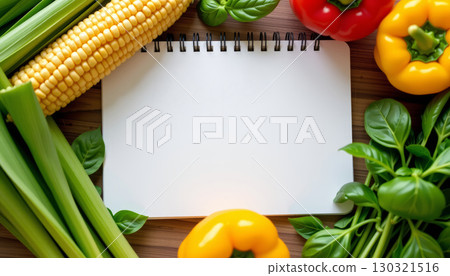 Blank spiral notepad surrounded by fresh vegetables including corn, celery, bell peppers, and basil leaves on wooden surface 130321516