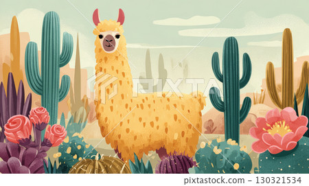 Whimsical desert scene with friendly llama surrounded by colorful cactus and blooming flowers under soft sky clouds 130321534