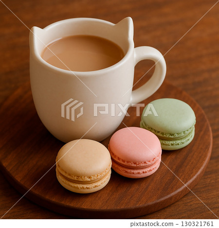 Tea time with cat ear mug and macaroons Tea time with cat ear mug and macaroons 130321761