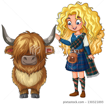 Scottish Girl in Tartan with Highland Cow Illustration Scottish Girl in Tartan with Highland Cow Illustration 130321893