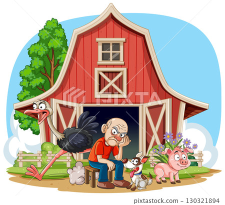 Grumpy Farmer Sitting Outside Red Barn With Animals Grumpy Farmer Sitting Outside Red Barn With Animals 130321894