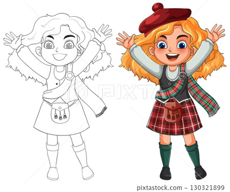 Smiling Scottish Girl in Traditional Highland Dress 130321899