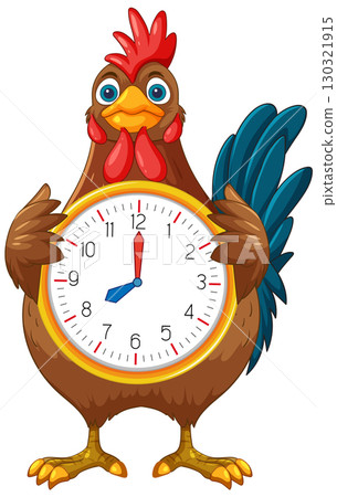 Cartoon Rooster Holding Large Analog Clock Cartoon Rooster Holding Large Analog Clock 130321915
