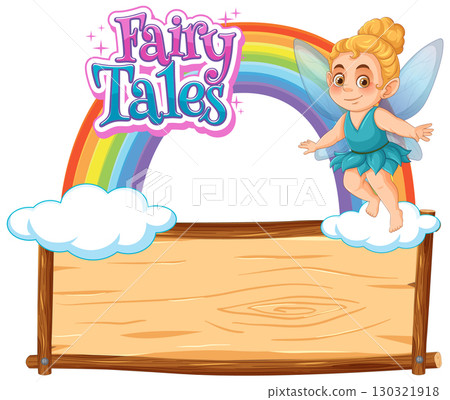 Fairy Sitting on Cloud with Rainbow and Wooden Sign Fairy Sitting on Cloud with Rainbow and Wooden Sign 130321918