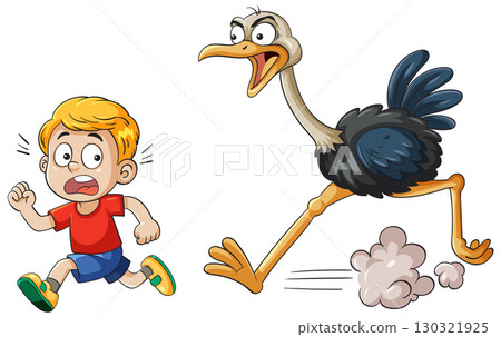 Boy Running from Ostrich in Cartoon Style 130321925