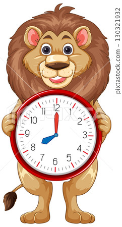 Cartoon Lion Holding Large Analog Clock Cartoon Lion Holding Large Analog Clock 130321932