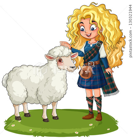 Scottish Girl Petting Sheep on Grassy Field 130321944