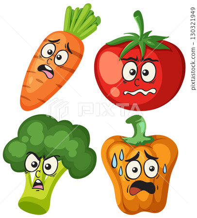 Worried Cartoon Vegetables with Expressive Faces Worried Cartoon Vegetables with Expressive Faces 130321949