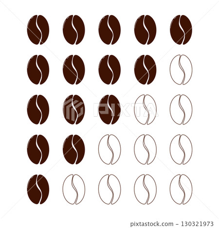 Coffee bean intensity roast level, strength light medium or dark scale. Set minimal indicator, coffee beans frying. Different brew. 130321973