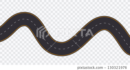 Winding road top view, highway curve path. Empty horizontal way, map. Asphalt wavy road template, game, design element. 130321976
