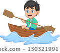 Little boy riding a wooden boat cartoon 130321991