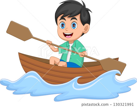 Little boy riding a wooden boat cartoon Little boy riding a wooden boat cartoon 130321991