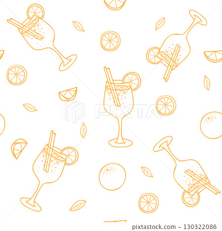 Cocktail Seamless pattern. Aperol Spritz and orange fruit. Hand drawn graphic illustration in Doodle style in orange color. For textile and paper prints, bar designs. Cocktail Seamless pattern. Aperol Spritz and orange fruit. Hand drawn graphic illustration in Doodle style in orange color. For textile and paper prints, bar designs. 130322086
