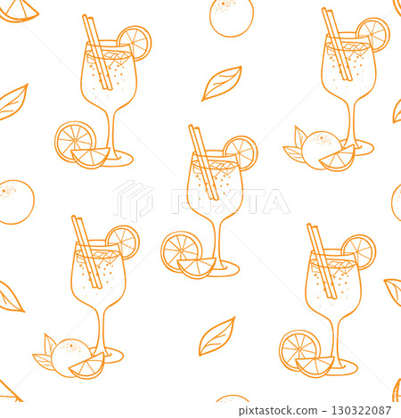 Cocktail Seamless pattern. Aperol Spritz and orange fruit. Hand drawn illustration in Doodle style in orange color. For textile and paper prints, bar designs. Cocktail Seamless pattern. Aperol Spritz and orange fruit. Hand drawn illustration in Doodle style in orange color. For textile and paper prints, bar designs. 130322087